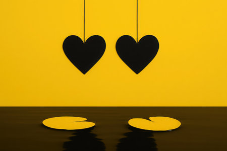 Two stark black heart shapes hang against a vivid yellow backdrop, reflecting on a dark, glossy surface below. This graphic composition elegantly conveys themes of love, connection, and affection.の素材