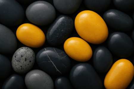A striking top-down perspective showcases a collection of smooth, oval-shaped stones. The majority consist of deep grey and black pebbles, creating a rich, dark foundation. Interspersed among these are several brilliant, polished yellow stones, which stand out prominently against the darker backdrop. The tightly packed arrangement emphasizes the diverse sizes and gently rounded forms of each element. This composition highlights the dramatic color contrast and the tactile smoothness of the stone surfaces, evoking a sense of calm and natural balance.の素材