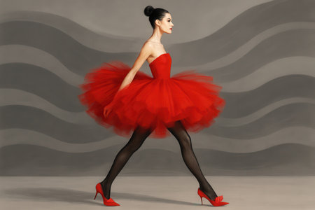 A slender woman, captured in a full-length profile view, strides gracefully wearing a voluminous, bright red tulle dress reminiscent of a ballerina's tutu. She complements her striking gown with opaque black tights and matching red high heels. Her dark hair is neatly styled in an updo, and she poses against a simple grey background featuring a subtle wavy pattern.の素材