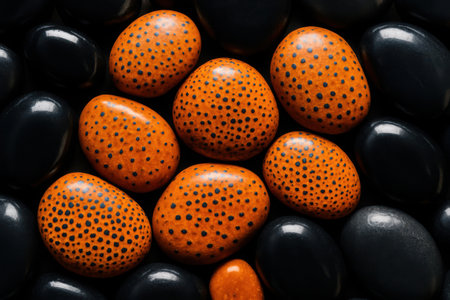 A detailed close-up presents a striking arrangement of vibrant orange speckled oval confections surrounded by numerous smooth, glossy black sweets. The contrasting colors and distinct textures form an engaging visual pattern. This appealing composition is suitable for various design projects, confectionery themes, or as a sophisticated background element, highlighting the interplay of light and shadow on the dark and bright surfaces.の素材