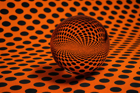 A vibrant orange sphere patterned with black dots rests on a complementary wavy surface. The abstract composition creates an intriguing optical illusion.の素材