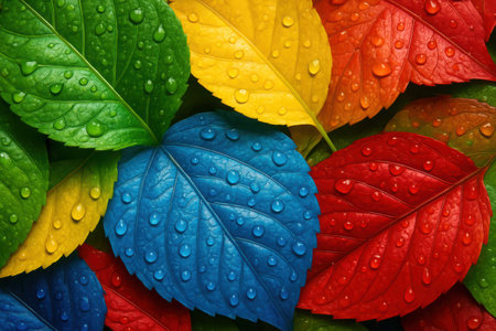 A close-up view of numerous leaves, each dyed in a different bright color such as green, yellow, blue, orange, and red. The leaves are covered with tiny, clear water droplets, creating a sparkling texture. They are arranged in an overlapping pattern, forming a vivid and energetic natural backdrop. The vibrant hues and wet surface create an appealing visual for various design projects.の素材