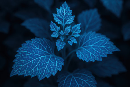 Close-up of deep blue plant leaves and a budding top, vibrantly rendered against a dark, undefined background. The detailed organic texture and cool, nocturnal tones create a serene yet striking natural composition.の素材
