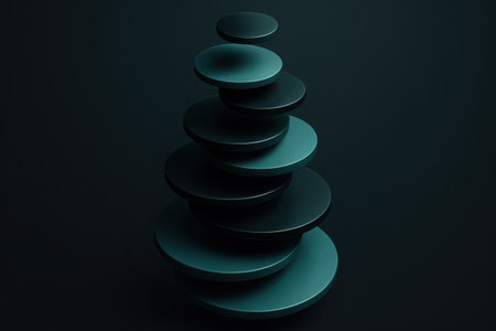 This scene features a meticulously balanced stack of dark teal, rounded, disc-like objects, resembling smooth pebbles or polished stones, arranged vertically from largest at the base to smallest at the apex. Each object possesses a subtle, glossy sheen that catches light reflections, adding depth and a sense of preciousness. The overall composition is set against a deep, dark, uniform background, which accentuates the cool, calming teal hues and the precise alignment of the elements. The arrangement evokes concepts of equilibrium, tranquility, mindfulness, and a meditative state. The minimalist design emphasizes harmony and stability, making it suitable for themes related to wellness, inner peace, and spiritual balance. The subdued lighting creates a contemplative atmosphere.の素材