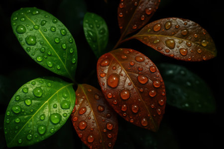 This close-up perspective showcases a cluster of lush green and deep reddish-brown leaves, each intricately adorned with numerous sparkling water droplets. The tiny beads of water reflect ambient light, creating a shimmering effect that highlights the delicate veins and textures of the foliage. Set against a dark, contrasting background, the vibrant hues of the leavesâfrom verdant emerald to rich amberâare intensely emphasized, creating a sense of depth and natural beauty. This botanical detail captures the freshness of nature after a rain shower or morning dew, emphasizing growth and vitality in a serene setting.の素材