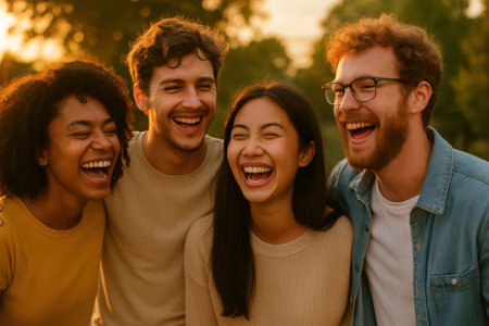 A group of four diverse young adults are captured laughing enthusiastically outdoors during golden hour. They appear joyful and happy, embracing friendship.の素材