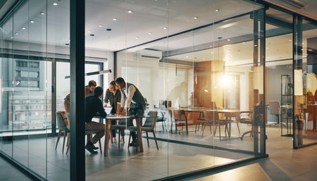 A group of professionals meets around a conference table in a bright, modern office with glass walls, showcasing a collaborative workspace bathed in natural light.の素材