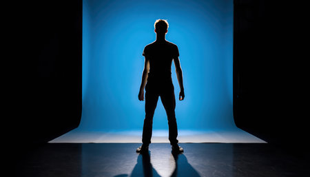 A lone person stands silhouetted against a bright blue background. The individual wears a distinctive head-mounted device, suggesting futuristic technology or virtual reality. The dramatic backlighting highlights the figure's outline, creating a powerful visual of a human interacting with digital or simulated environments. The setting appears to be a studio or stage, emphasizing the subject's presence.の素材