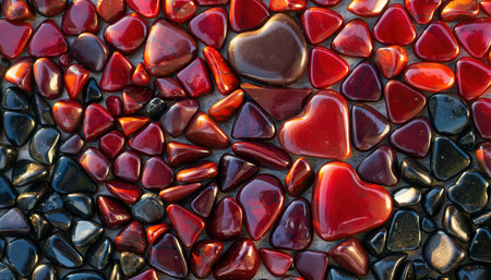 A close-up view of numerous polished pebbles in shades of red, maroon, and dark gray, forming a textured surface. Several distinct heart-shaped stones are interspersed among the regular-shaped pebbles, adding a touch of sentiment.の素材