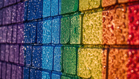 A vibrant, textured surface composed of countless small, square, reflective elements. These components are arranged in a dynamic vertical rainbow color gradient, featuring shades of purple, blue, green, yellow, orange, and red. The glittering, sparkling appearance creates a festive and celebratory visual, ideal for backgrounds, design projects, or decorative applications.の素材