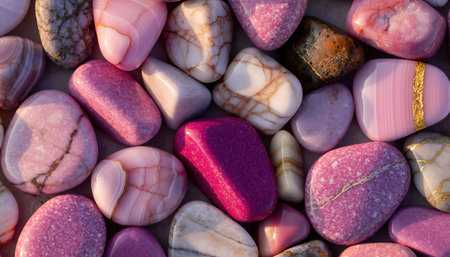 A vibrant close-up view of numerous polished pebbles and stones in various shades of pink and purple. Some stones are smooth and reflective, while others exhibit a sparkling, textured surface, creating a rich, decorative pattern.の素材