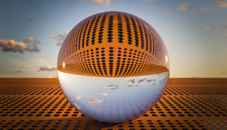 A digitally generated, highly reflective sphere rests on a patterned, gridded surface. The orb's upper portion mirrors an abstract, textured landscape with dark, intricate vertical elements, while its lower part reflects a lighter, expansive sky. The setting features a horizon under a partly cloudy sky.の素材