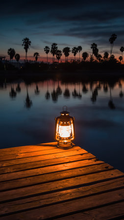 A warm, glowing vintage lantern sits on the corner of a rustic wooden pier, overlooking calm water at twilight. Silhouettes of palm-like trees line the distant horizon under a sky transitioning from warm hues to deep blue. The lantern casts a golden light across the wooden planks, creating a tranquil and atmospheric scene.の素材