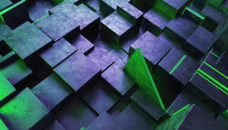 An abstract background featuring a dense arrangement of geometric cubes, varying in height to create a dynamic, textured surface. The scene is illuminated with a striking contrast of dark purple and deep blue shades alongside vibrant, luminous green accents, evoking a futuristic or digital aesthetic. Ideal for technology, data, or modern design concepts.の素材
