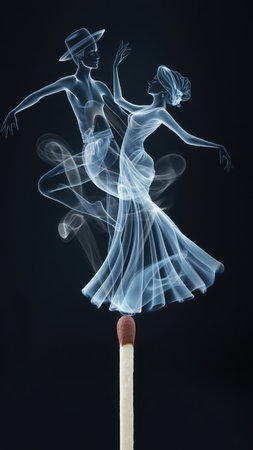 A unique artistic representation of two dancing human figures created entirely from swirling smoke. The smoke emanates from the tip of a wooden matchstick, set against a deep black backdrop, emphasizing the delicate and transient nature of the forms. The figures embody elegance and graceful movement.の素材
