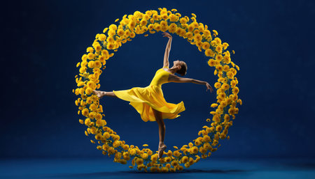 A graceful dancer in a vibrant yellow dress strikes an elegant pose, perfectly centered within a luminous circular frame. The artistic ring is composed of numerous small, golden, abstract elements, set against a deep, contrasting blue background, emphasizing motion, artistry, and radiant energy.の素材