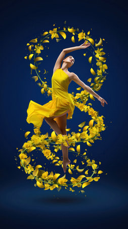 A graceful young woman in a flowing yellow dress performs a dynamic dance, surrounded by a vibrant, swirling cascade of golden petals. The scene is set against a deep blue, gradient backdrop, highlighting her elegant movement and the artistic composition.の素材