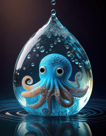 A detailed depiction of a small, textured blue octopus with large, dark eyes, suspended within a perfectly formed, transparent water droplet. The droplet shows tiny bubbles inside, and water drips from its base onto a dark, reflective surface, creating ripples. The background is a soft, dark blur, making the illuminated droplet and its contained creature the central focus. This artwork blends marine life with fluid elements.の素材