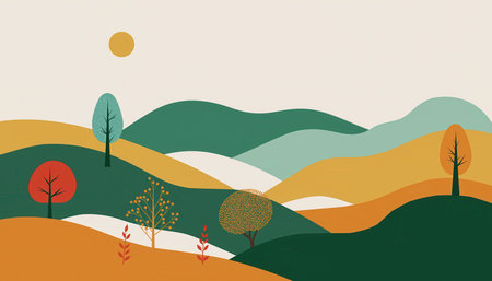 A vibrant, stylized pixel art illustration depicts a serene landscape. Rolling hills in shades of green, yellow, and orange are topped with scattered trees. A bright yellow sun shines in the upper sky, while small figures navigate the terrain, adding a sense of movement to the tranquil outdoor setting. The palette evokes an autumnal feel.の素材