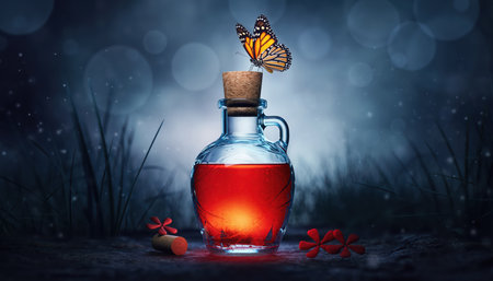 A captivating close-up of a glass bottle, sealed with a cork stopper, holding a luminous red liquid that emanates a soft internal glow. Perched delicately on the cork is a striking butterfly, showcasing its intricate wing patterns. The background is a darkly blurred, ethereal scene, adorned with numerous out-of-focus bokeh lights, suggesting a mysterious forest or enchanted natural setting at night. Small red berries or fragments lie near the bottle's base, adding to the magical ambiance. This visual evokes a sense of wonder, fantasy, and ancient secrets, perfect for themes of enchantment, elixirs, or imaginative narratives.の素材