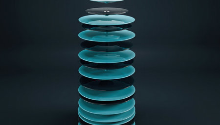 A stylized 3D render depicting a modern electrical insulator or a similar technical component. The object features stacked, teal-colored, ring-shaped discs with a glossy, somewhat translucent finish, catching reflections that highlight its intricate design. It stands vertically against a dark, gradient background, emphasizing its structure and futuristic aesthetic. This illustration conveys concepts of energy transmission, power generation, electrical engineering, innovation, and advanced technology. Ideal for visuals related to infrastructure, sustainable energy, data transfer, or industrial design.の素材