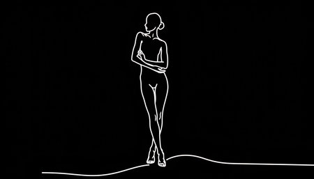 A minimalist illustration featuring a white outline of a standing human figure against a solid black background. The artwork highlights the contours of the body with clean, crisp lines, creating a stark, graphic aesthetic suitable for modern or conceptual projects.の素材