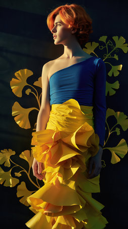 A striking portrait features a young person with vibrant red hair, elegantly posed against a dark backdrop adorned with stylized yellow ginkgo leaves. The individual wears a distinctive blue one-shoulder top and a voluminous, ruffled yellow skirt, creating a powerful visual statement. Dramatic lighting highlights the rich colors and textures, emphasizing the artistic and fashion-forward aesthetic. The ensemble's colors evoke a sense of symbolism and artistic expression. This captivating visual is suitable for themes of fashion, art, identity, and cultural symbolism.の素材
