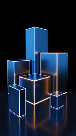 A 3D rendered illustration featuring multiple blue metallic cuboid shapes, varying in height, arranged as display platforms or pedestals. Some cubes feature glowing light outlines, predominantly amber at the base and blue towards the top edges. The shapes are set against a deep black background with a subtle reflection on a dark, glossy surface below. The overall aesthetic is modern, futuristic, and abstract, ideal for showcasing products, virtual events, or technological concepts.の素材