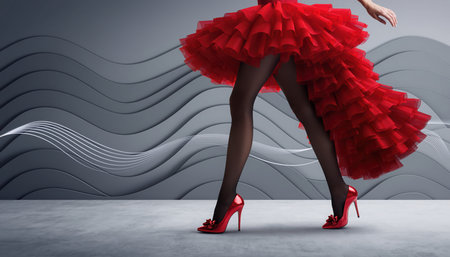 A close-up view of a person's lower body, showcasing legs clad in sleek black sheer hosiery and vivid red open-toe high-heeled shoes. The focal point is a voluminous, multi-layered red ruffled dress or skirt that creates a dramatic, flowing silhouette. The person is positioned dynamically, suggesting movement such as walking or dancing, with one leg slightly lifted. The background features a modern, minimalist grey surface adorned with elegant undulating dark lines and subtle sparkling accents, providing a sense of abstract movement or visual rhythm. The overall composition is highly artistic and emphasizes fashion, elegance, and dynamic style.の素材