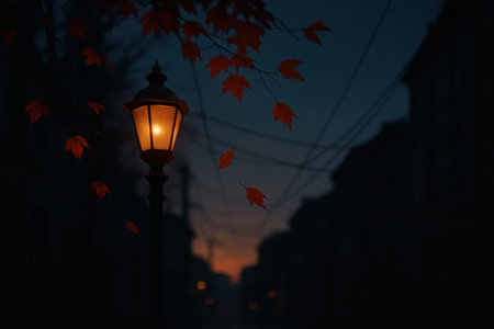 A vintage street lamp emits a warm, inviting glow, piercing through the deepening twilight of an autumn evening. The ornate lantern's light casts a golden hue upon the scene, highlighting a scattering of vibrant red and orange leaves. The dark, indigo sky stretches above, creating a stark contrast with the illuminated foliage and the lamp's comforting light. Silhouettes of distant trees or structures recede into the soft focus background, adding depth to this tranquil and atmospheric outdoor scene, evoking a sense of peaceful nostalgia as day transitions to night during the fall season.の素材