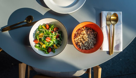 An inviting overhead perspective of a wholesome meal setup on a textured wooden table. Two vibrant ceramic bowls are prominently featured: one filled with cooked whole grains, and the other brimming with bright green peas and small diced carrots, suggesting a nutritious vegetable blend. Natural sunlight streams across the scene, creating gentle shadows that add depth and highlight the simple, balanced presentation. A clean white plate, a golden-toned spoon, and a darker metal spoon rest on a crisp napkin beside the bowls, poised for enjoyment. This arrangement beautifully conveys themes of healthy eating, homemade goodness, mindful nutrition, and a nourishing lifestyle.の素材