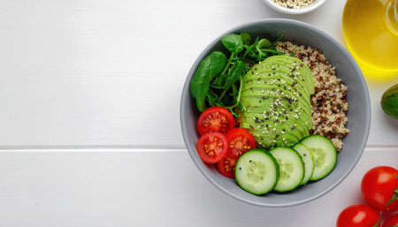 An overhead view of a wholesome plant-based Buddha bowl presented on a white wooden background. The gray bowl contains creamy mashed avocado topped with sesame seeds, cooked grains, fresh cherry tomatoes, crisp cucumber slices, and green leafy vegetables. Nearby are additional fresh ingredients such as olive oil, lime, and more tomatoes, emphasizing a healthy, nutritious, and clean eating lifestyle.の素材