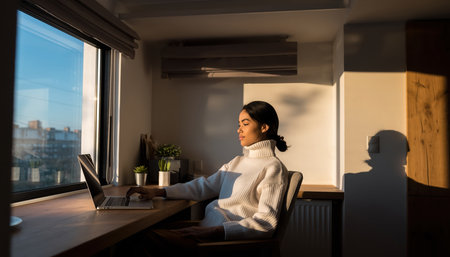 A young adult, dressed in a light-colored shirt, sits at a modern wooden desk by a large window, looking out at an urban cityscape under a clear blue sky. A laptop or tablet rests on the desk beside her. The room is bathed in warm natural light, creating strong shadows on the interior wall, indicating a sunny day. Potted plants provide a subtle touch of nature to the contemporary home office setting.の素材