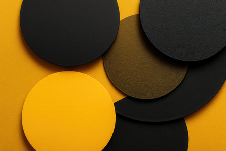 The composition showcases an array of circular shapes in a modern arrangement. Some circles are solid matte black, others are a vibrant solid yellow, and some feature a dazzling gold or black glitter texture. These geometric elements overlap, creating depth and visual interest against a bright yellow surface.の素材
