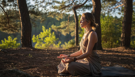 A woman is shown meditating in a serene forest environment. She is seated on the ground with her eyes closed, bathed in warm, natural sunlight filtering through the trees. This depicts a moment of mindfulness, peace, and relaxation amidst nature, ideal for wellness and spiritual practices like yoga or quiet contemplation. The natural setting emphasizes tranquility and connection with the environment.の素材