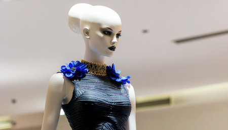 A sophisticated mannequin is presented in a retail environment, dressed in a dark, sequined gown featuring blue floral accents around the neck and shoulders. A gold necklace complements the ensemble. The mannequin has a distinctive pale head and dark eye and lip makeup. The shallow depth of field blurs the background, emphasizing the apparel display for commercial purposes.の素材