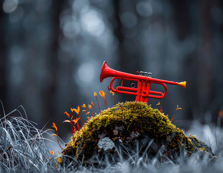 A striking miniature red toy trumpet rests centrally on a vibrant green moss-covered mound. The small hillock is surrounded by shimmering water droplets or mist, creating a fresh and atmospheric effect. In the soft-focus background, blurred dark green and blue tones suggest a forest or natural environment, lending a dreamlike and whimsical mood to the scene. The bright red of the trumpet provides a strong contrast against the earthy greens and muted blues, drawing the viewer's eye. This creative composition evokes a sense of fantasy, childhood wonder, and artistic expression, suitable for themes of music, imagination, or nature.の素材