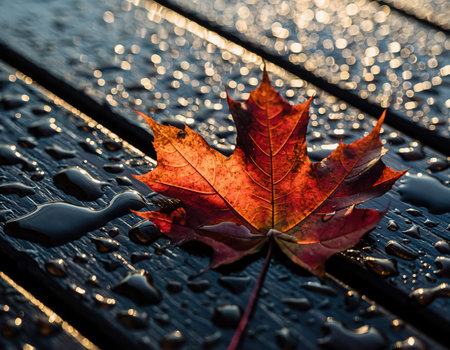 A single vibrant red and orange maple leaf, covered in glistening water droplets, rests on a dark, wet wooden surface. The textured wood planks are also adorned with numerous rain or dew drops, creating a reflective, autumnal scene. The warm hues of the leaf contrast with the cool, dark wood, capturing the essence of the fall season after precipitation.の素材
