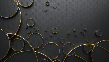 A sophisticated dark surface adorned with overlapping golden circles and scattered shimmering particles. This elegant background offers a luxurious and modern aesthetic.の素材