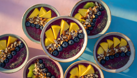 An overhead view of multiple vibrant smoothie bowls, likely acai or berry-based, presented in a delightful arrangement. Each bowl features a rich, deep purple base, generously topped with an array of fresh ingredients. Slices of bright yellow mango are carefully placed alongside plump blue blueberries. A sprinkle of crunchy granola or nuts adds texture and a wholesome element to each serving. The bowls are set against a colorful background that transitions from soft pink and purple hues to a cool blue, creating a dynamic and visually appealing backdrop. This presentation emphasizes freshness, healthy eating, and a delicious, nutritious meal suitable for breakfast, brunch, or a refreshing snack. The overall aesthetic is inviting and energetic, highlighting natural ingredients and a wellness-focused lifestyle.の素材