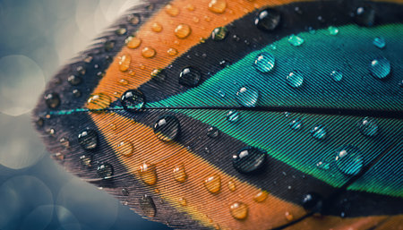 A striking macro perspective captures the intricate details of a feather, showcasing vibrant orange, teal, and dark bands. Numerous clear water droplets cling to its delicate surface, reflecting light and enhancing the intricate texture.の素材