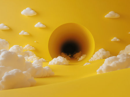 A vibrant yellow minimalist setting features a prominent dark circular hole in the center, creating a sense of depth and mystery. Fluffy white clouds are scattered across the bright surface, adding a whimsical and dreamlike element to this abstract composition. The scene suggests a portal or an unknown journey.の素材
