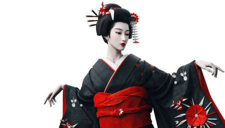 A captivating studio portrait of a Japanese woman showcasing traditional beauty and culture. She is elegantly presented in a vibrant black kimono adorned with striking red patterns, cinched by a bold red obi. Her elaborate traditional hairstyle is intricately arranged and decorated with ornamental kanzashi. The woman's face is meticulously made up with a classic white foundation and striking red lips, characteristic of geisha or maiko. Her gaze is serene yet engaging, subtly looking away from the viewer. This composition, set against a pristine white background, emphasizes the intricate details of her attire and appearance, making her a focal point of cultural artistry and grace.の素材