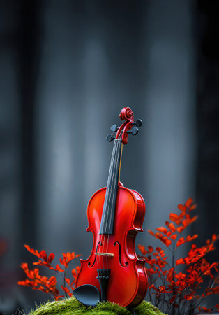 A vibrant crimson violin stands upright, prominently displayed on a bed of lush green moss. Scattered reddish-orange foliage adds a touch of autumn color around the instrument's base. The background is a soft-focus, deep blue-grey woodland scene with blurred vertical tree trunks, creating an atmospheric and serene natural setting. This artistic composition evokes themes of music, nature, and tranquility.の素材