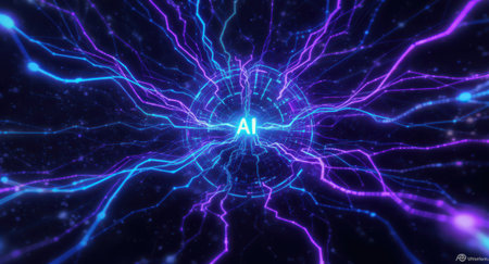 A vibrant digital representation featuring the letters "AI" at its core, surrounded by glowing blue and purple lines reminiscent of neural pathways or data streams, against a dark, particle-filled background. This abstract visualization conveys concepts of advanced technology and artificial intelligence.の素材