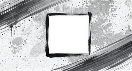 A white square with a dark, distressed border is centered on a light, speckled background. Textured dark diagonal lines frame the abstract monochrome composition, conveying a grunge aesthetic.の素材