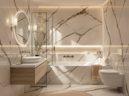 A contemporary luxury bathroom interior featuring elegant white marble walls with striking dark veins. The room includes a sleek floating wooden vanity with a white rectangular basin, a large circular mirror, and modern recessed lighting that provides a warm, inviting glow. A wall-mounted toilet is visible, completing the minimalist and sophisticated design. Ideal for architecture, interior design, or real estate concepts.の素材