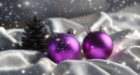 Two shimmering purple festive ornaments are nestled alongside a dark pinecone on a soft, white textured surface, resembling fresh snow. Gentle snowflakes fall, creating a magical winter holiday ambiance.の素材