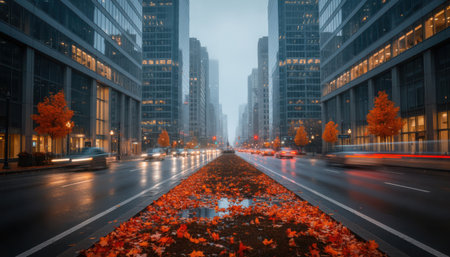 A wide-angle view of a modern city street at dusk, featuring tall buildings lining both sides of the road. A prominent central median is filled with bright red and orange flowers, extending into the distance. The wet pavement reflects the artificial lights from the buildings, creating a vibrant urban scene. Autumn trees with orange leaves add to the colorful environment, under an overcast sky.の素材