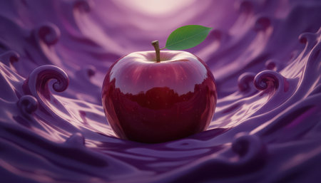 A visually striking depiction of a vibrant red apple, partially covered in a pristine white, sugary texture, resting within dynamic, dark purple, wave-like structures. A subtle glow emanates from above, highlighting the fruit and creating a magical, dreamlike atmosphere. Ideal for themes related to fantasy, healthy food, temptation, or mystical concepts.の素材